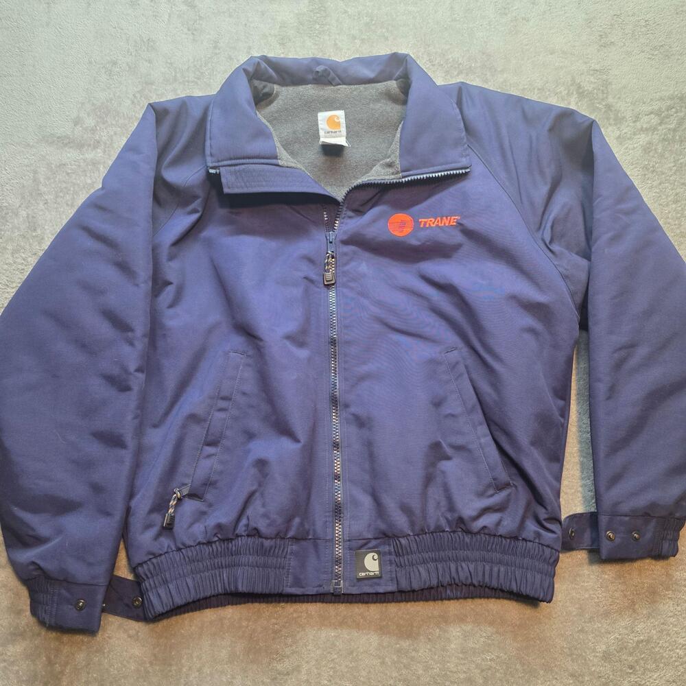 Carhartt Bomber Jacket Mens L Blue Trane Logo Fleece Lined Nylon Workwear